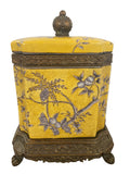 Yellow Blue Chinoiserie AsianJar with Lid Metal Base Finial