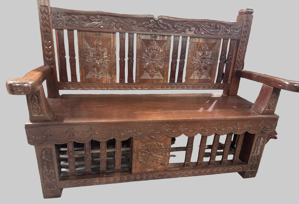 Vintage Large Hand Carved Thai “Porch” Bench with Small Storage Door Underneath-K