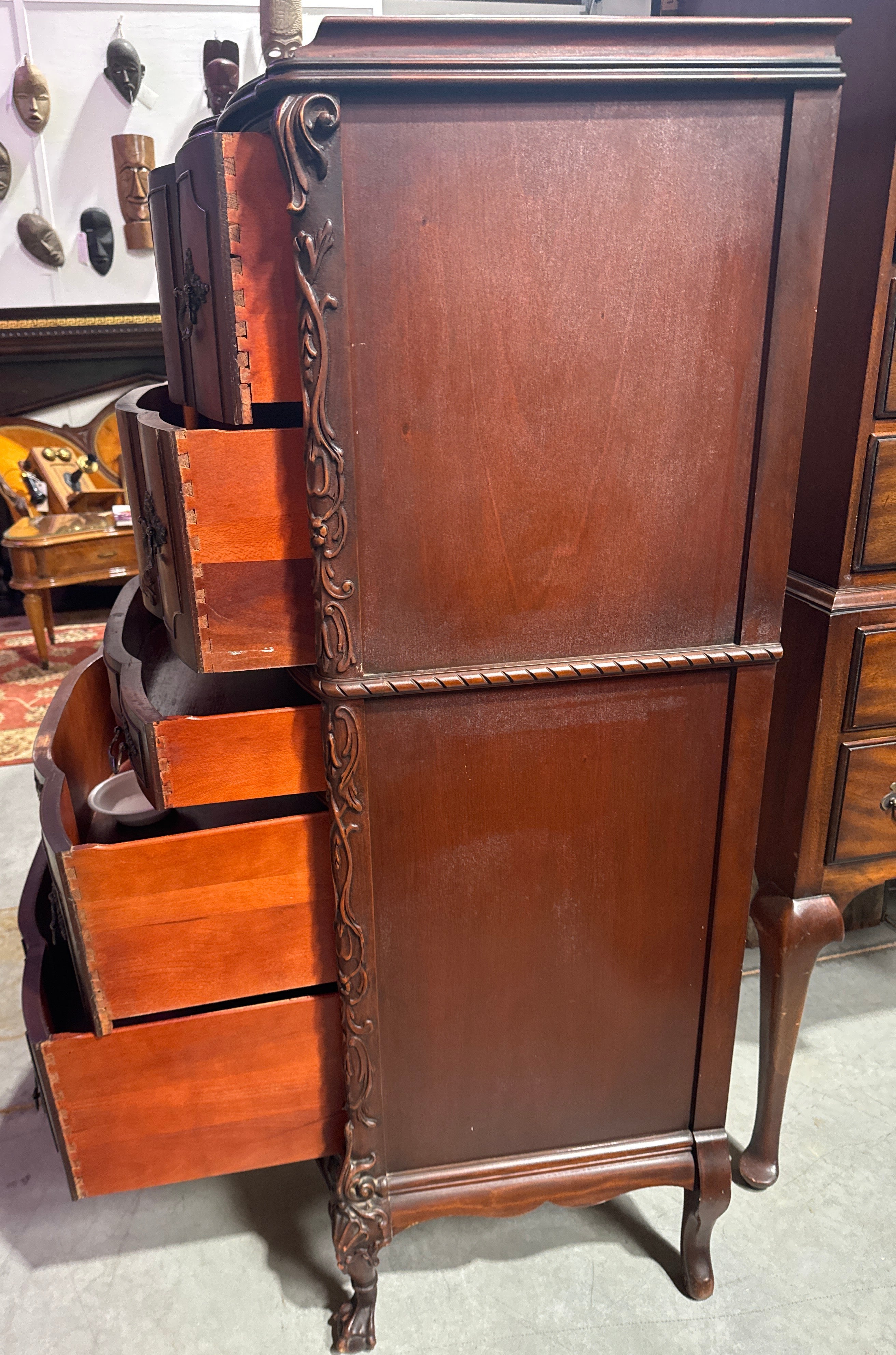 Vintage Tall Carved Mahogany Chinese Chippendale Style Bow Front High 5 Drawer Chest Dresser