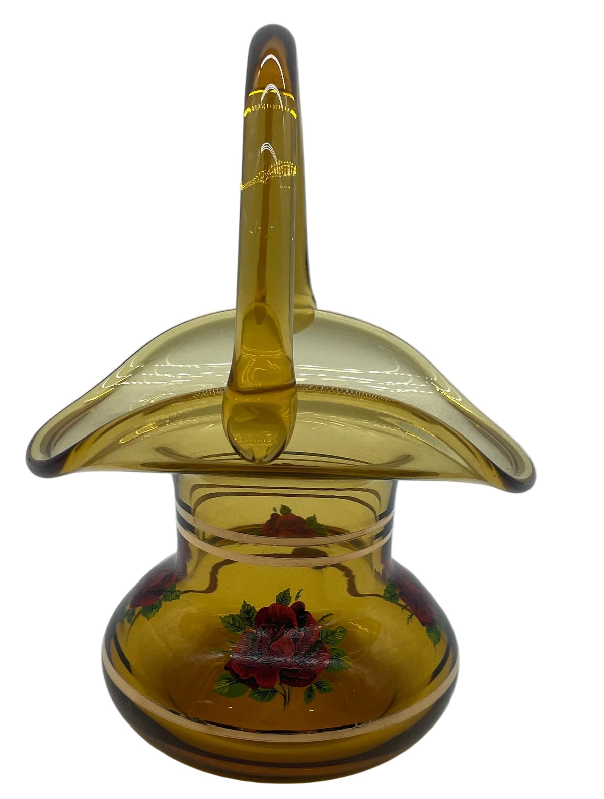Bohemian Hand Blown Amber Hand Painted Glass Basket Made in Czechoslovakia