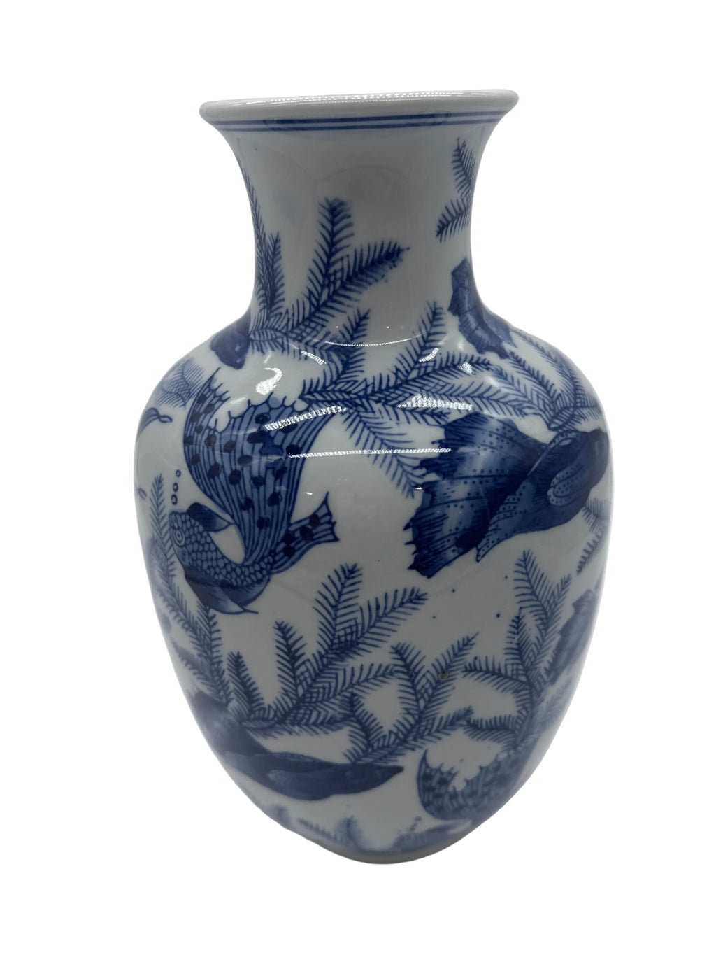 Vintage Blue & White Koi Fish Ceramic Chinese Vase