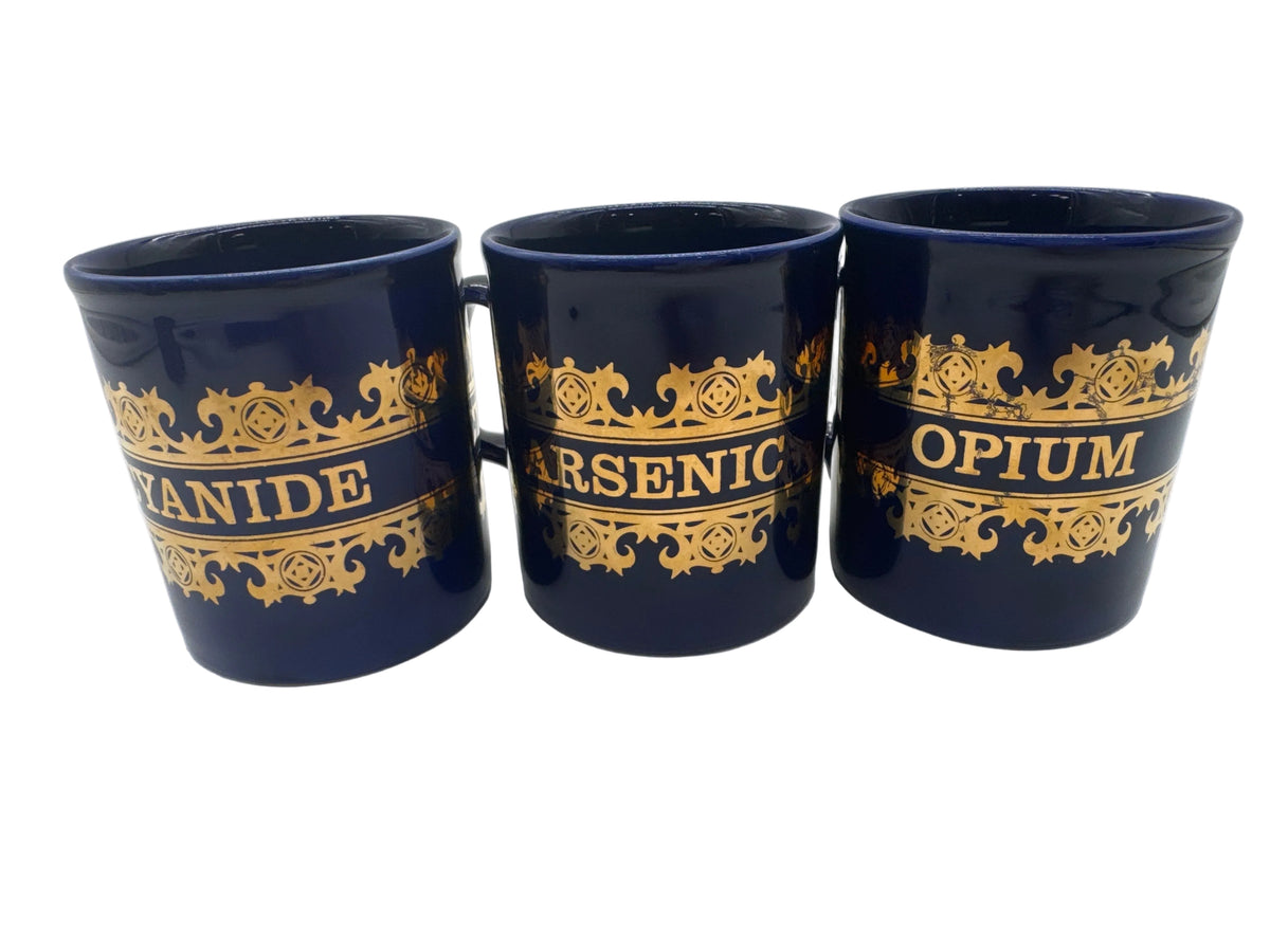 “What’s Your Poison? Vintage 1960s Cobalt Blue and Gold Transfer Ceramic Apothecary "Poison" Mugs
