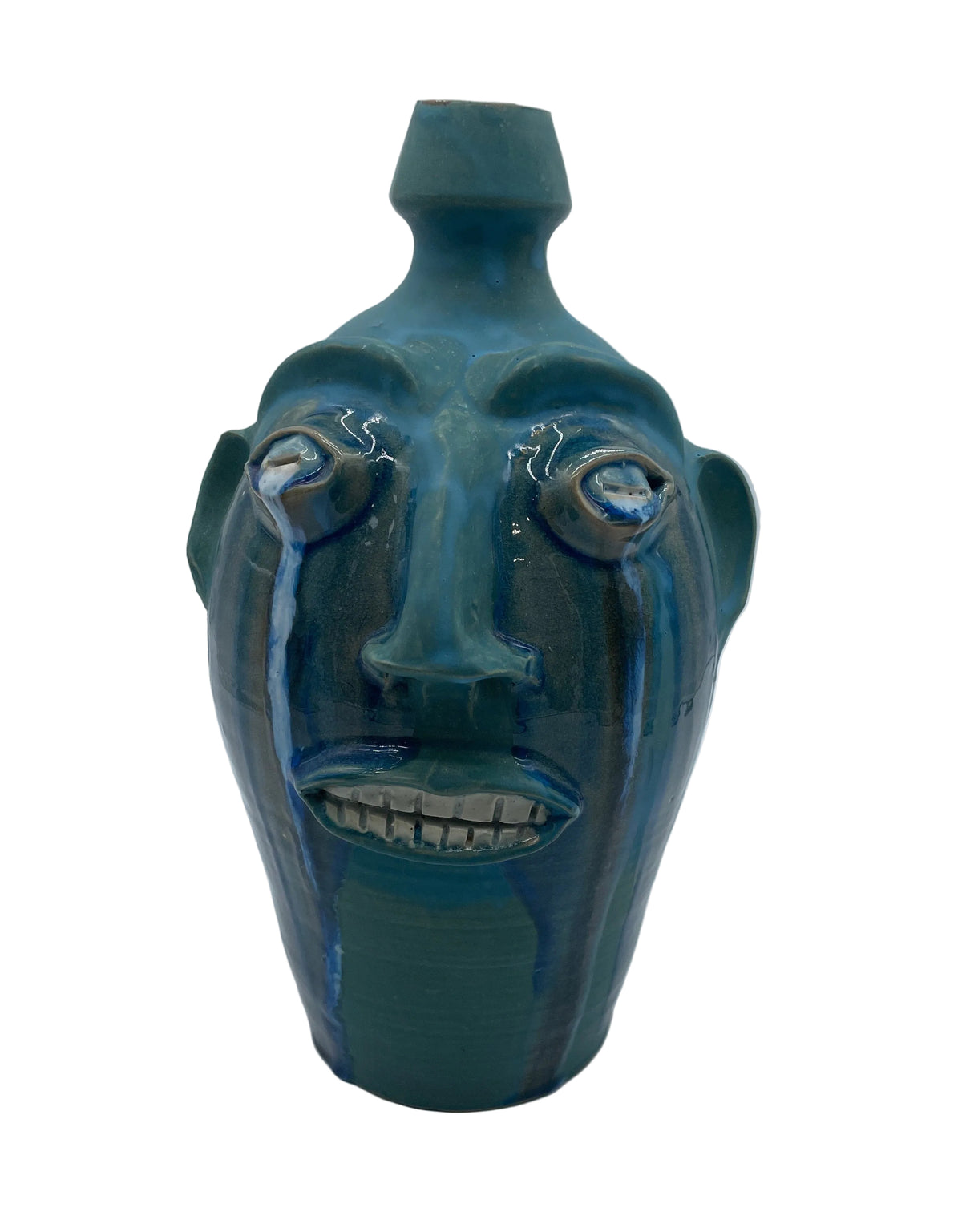 Randy Tobias Folk Art Pottery North Carolina “Crying Eyes Blue Man” signed on bottom.