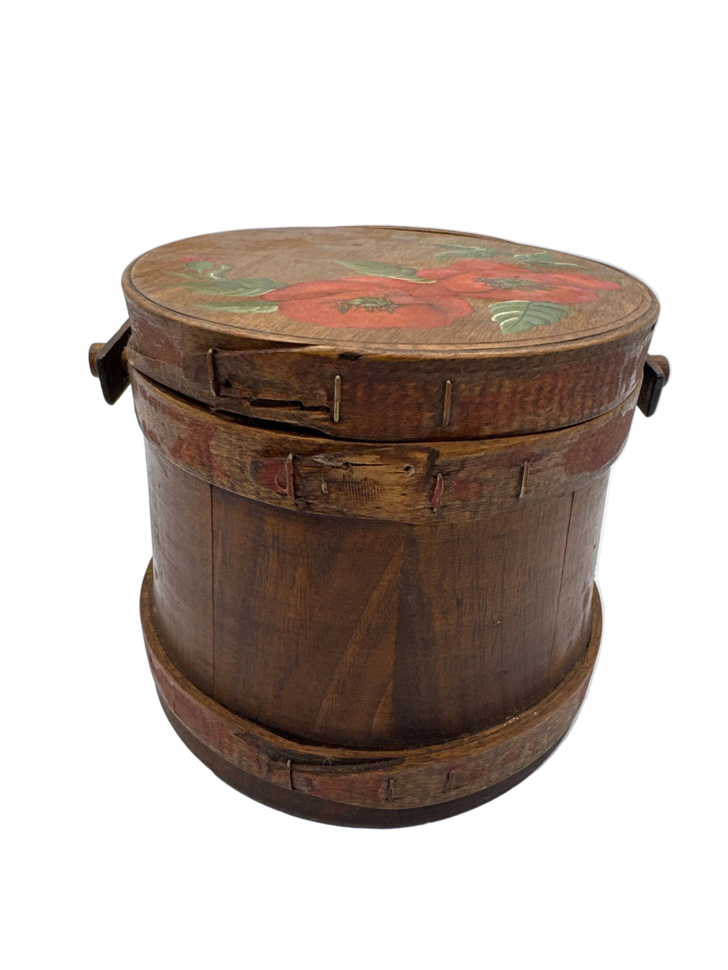 Antique Wooden Firkin Sugar Bucket with Red Poppy Hand Painted Flowers