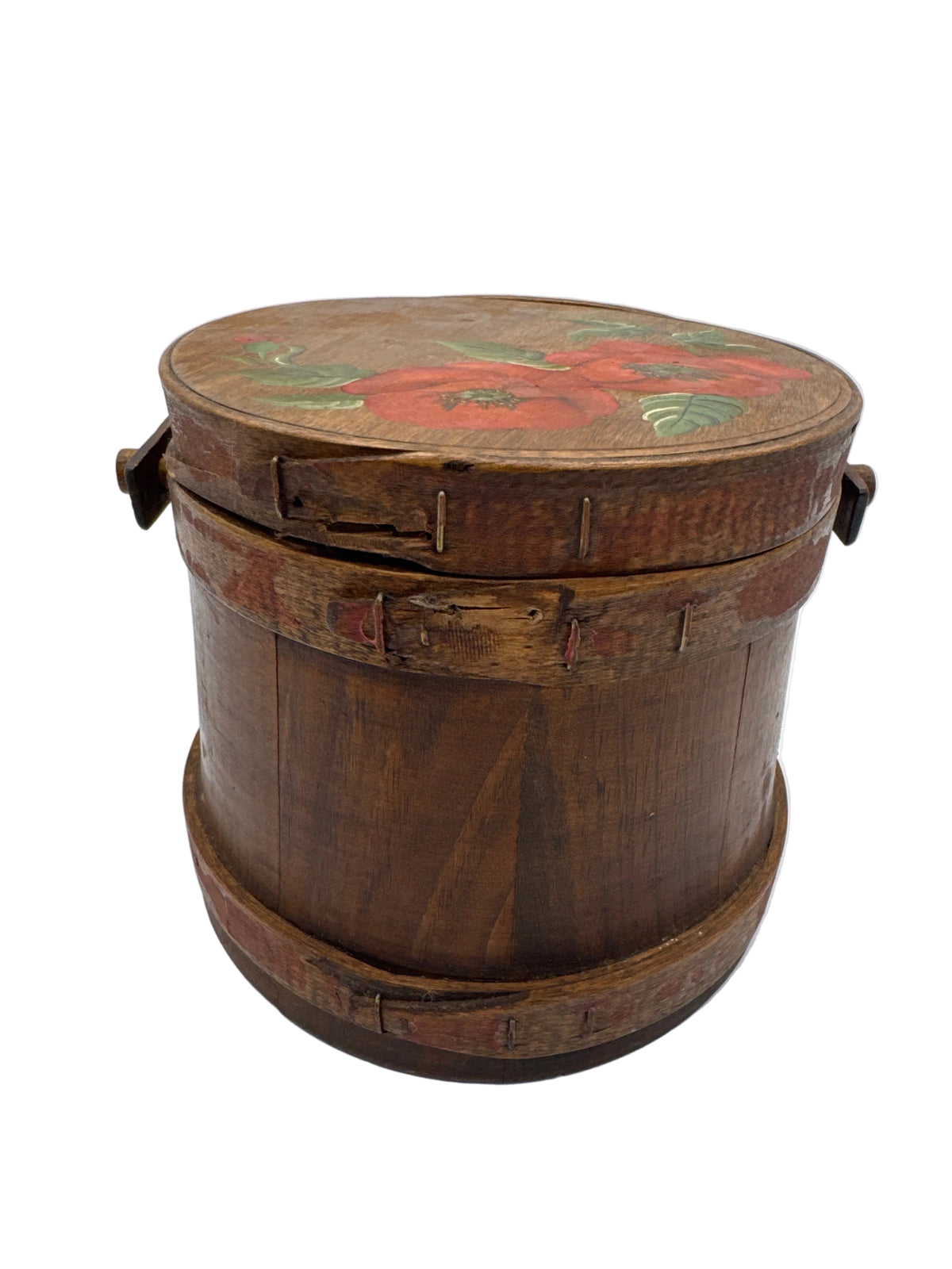 Antique Wooden Firkin Sugar Bucket with Red Poppy Hand Painted Flowers