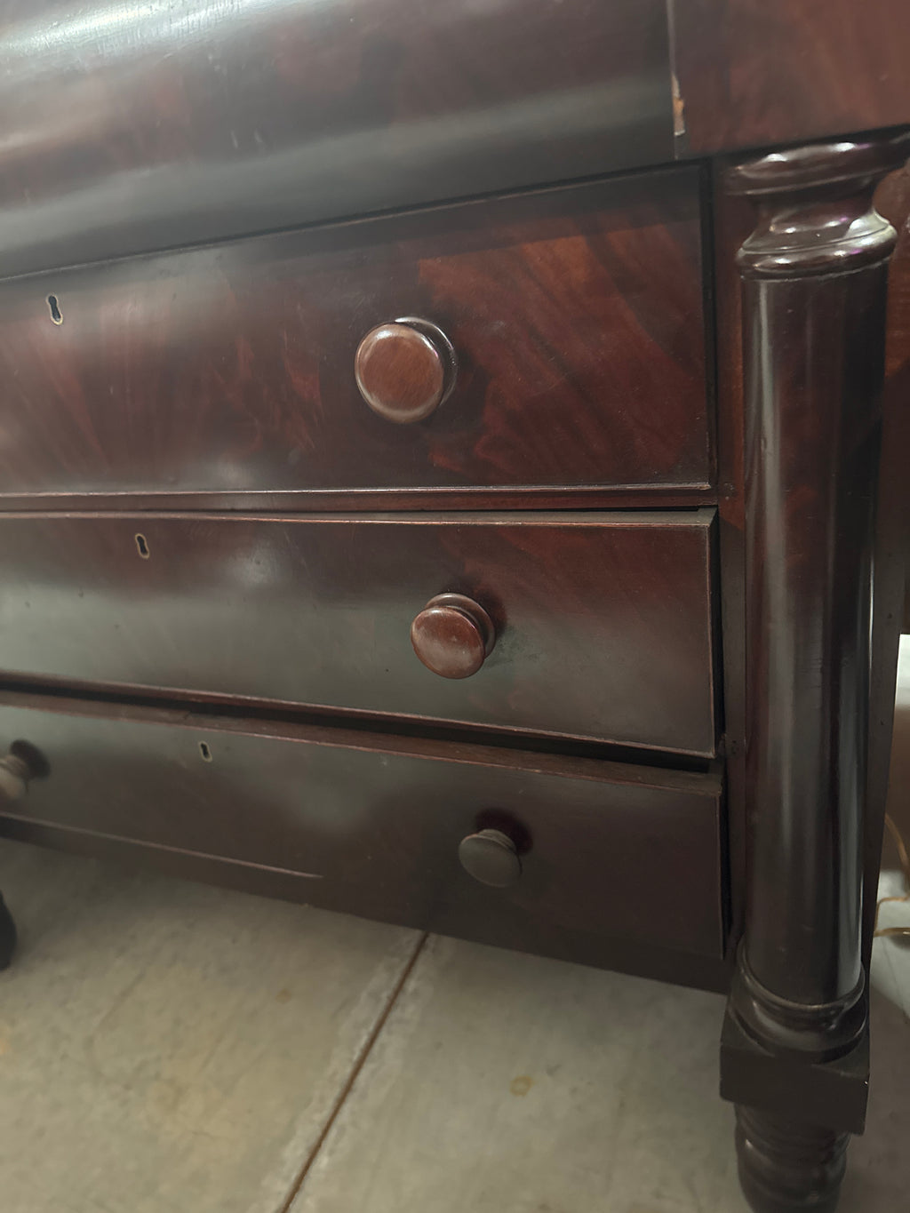 Antique Flame Mahogany Empire Chest with 3 Glove Boxes