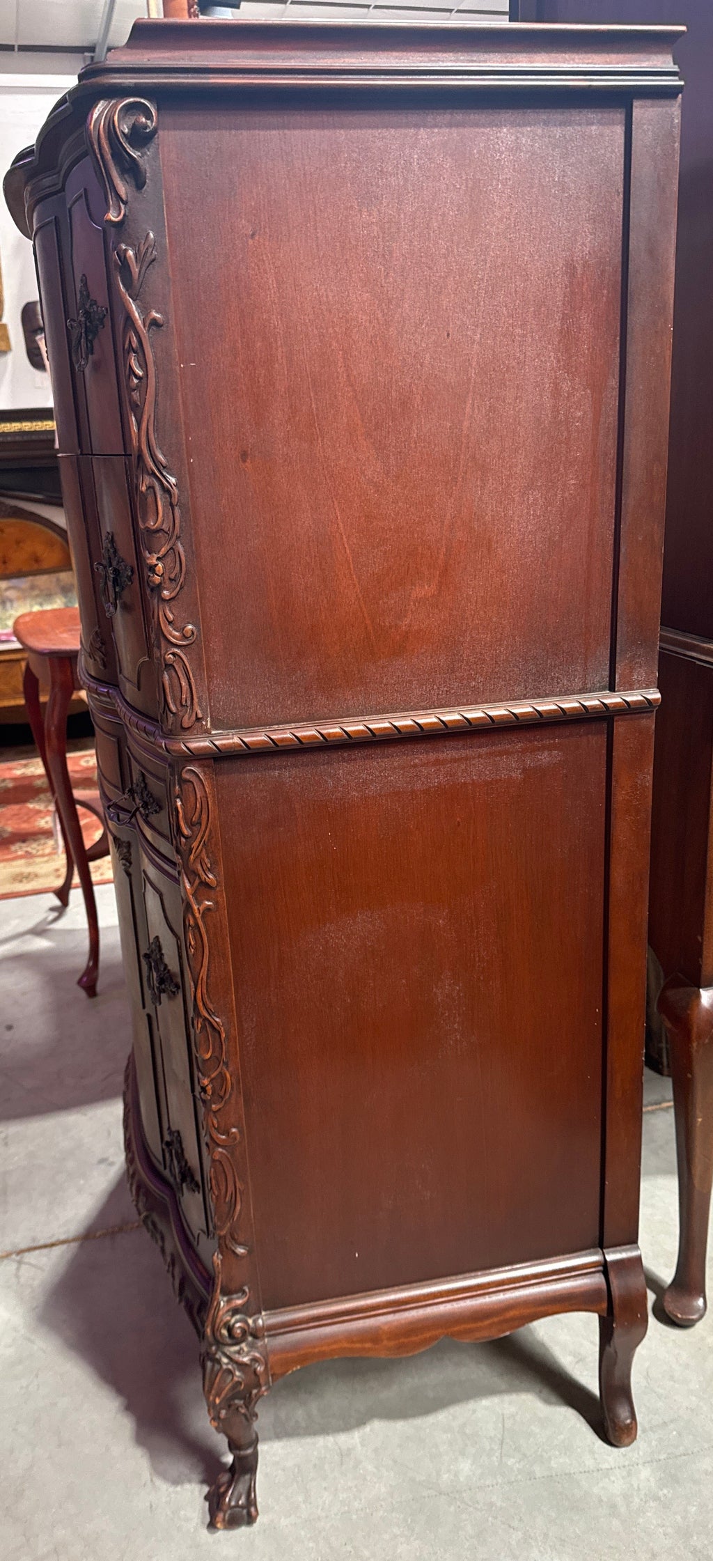Vintage Tall Carved Mahogany Chinese Chippendale Style Bow Front High 5 Drawer Chest Dresser