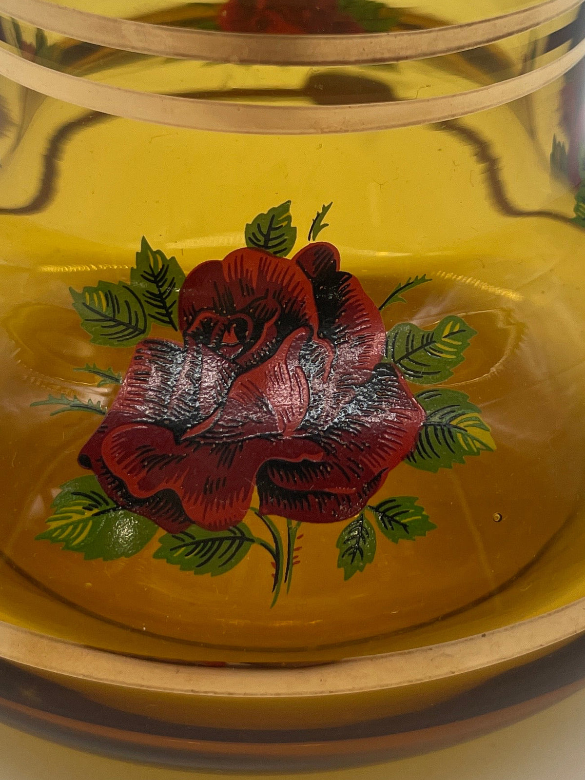 Bohemian Hand Blown Amber Hand Painted Glass Basket Made in Czechoslovakia