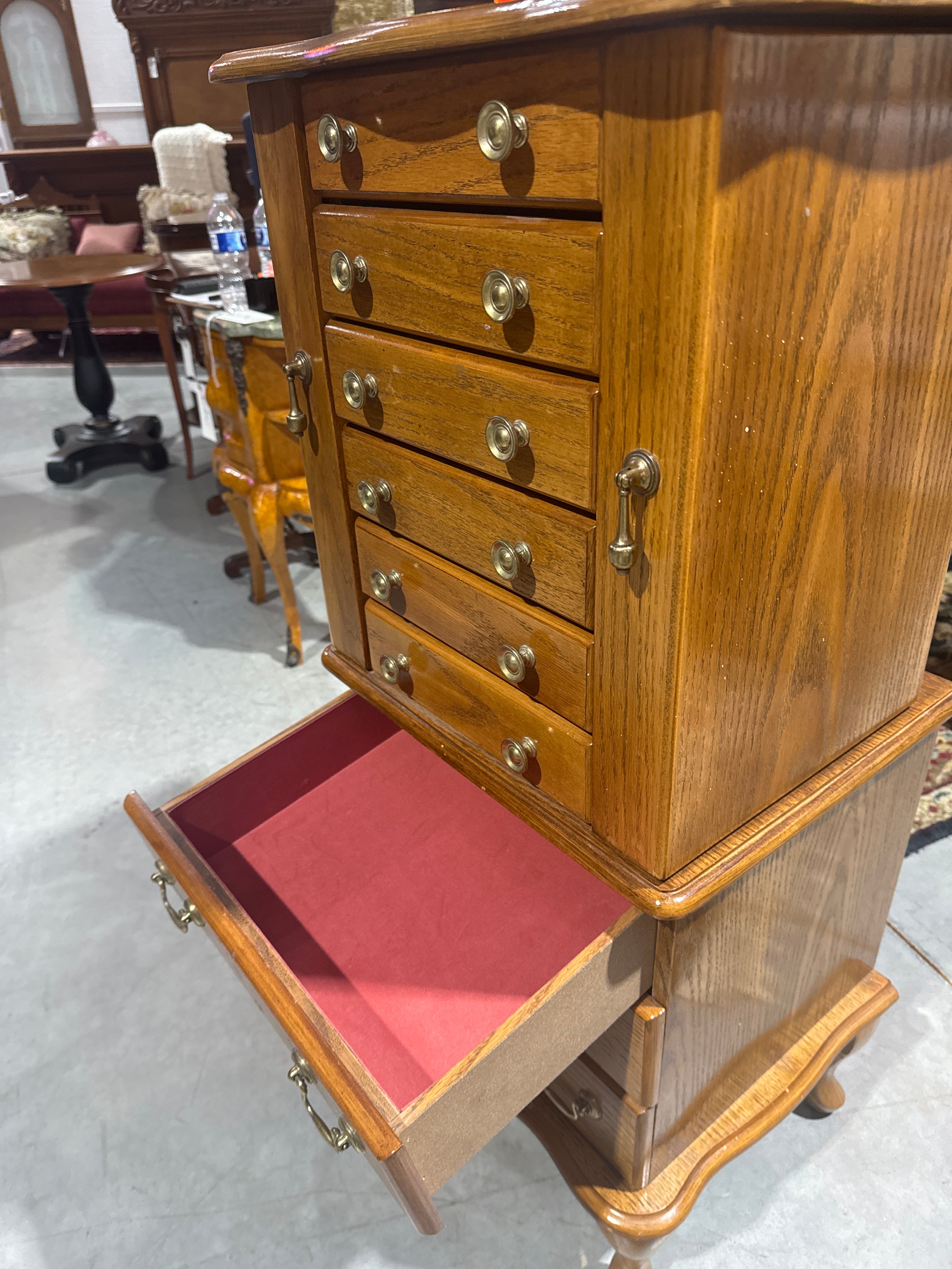 Queen Anne Style Oak Jewelry Chest, 42”H