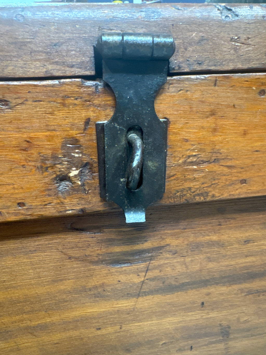 Antique Late 19th Century Primitive Lift Top Wood Carpentry Chest Trunk with Wrought Iron Latch