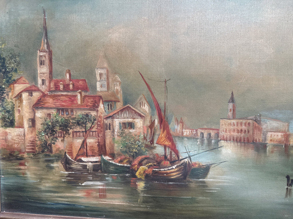 Antique Gold Frame Oil on Canvas of a Venitian Canal Scene