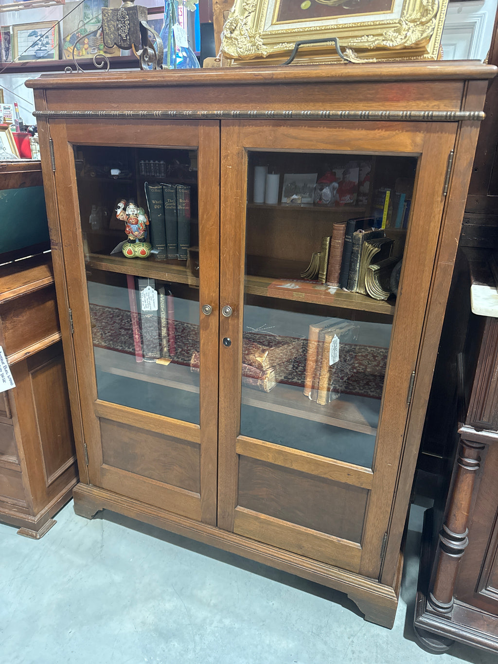 Vintage Arts & Craft Style Walnut Double Glass Door Bookcase