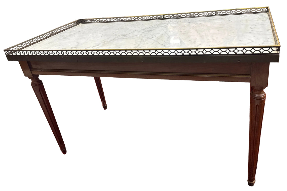 Antique French Louis XVI Style Marble Top Coffee Table with Brass Gallery