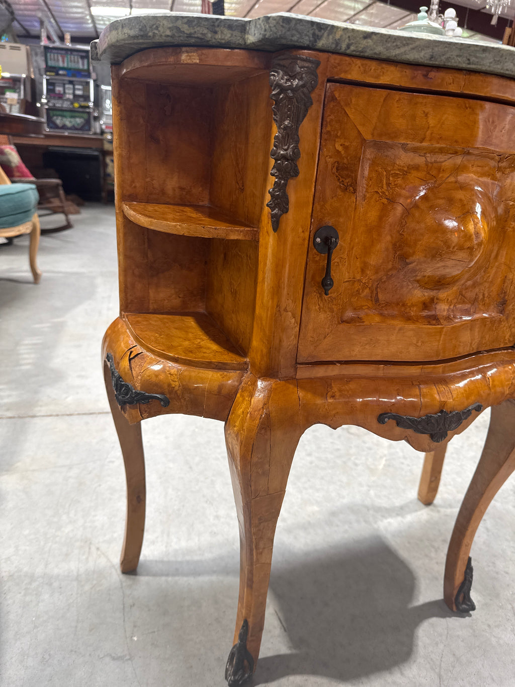 Antique French Louis XV Style Burl Commode with a Green Marble Top, Distinctive Burled Wood