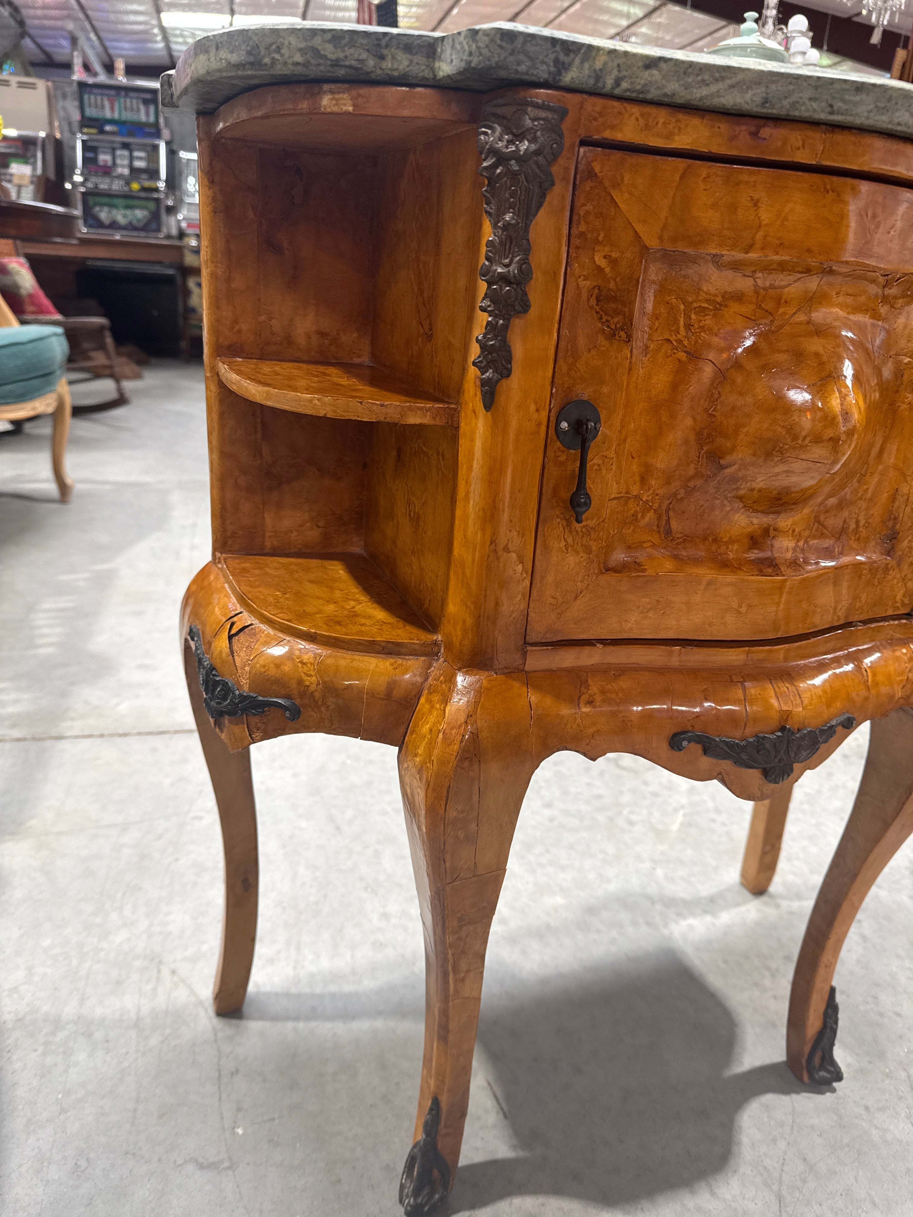 Antique French Louis XV Style Burl Commode with a Green Marble Top, Distinctive Burled Wood