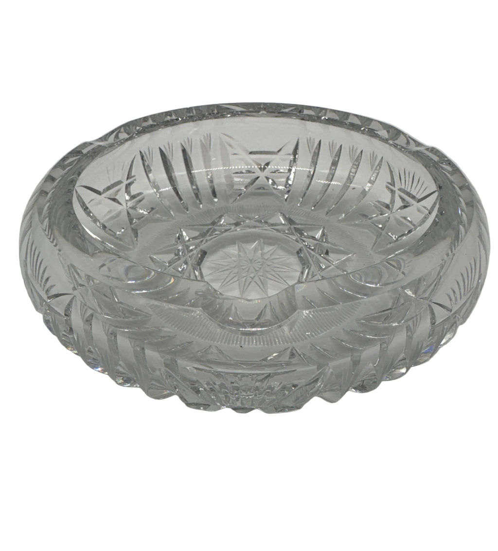 Vintage American Brilliant Heavy Cut Crystal Round Ashtray with Starburst Pattern