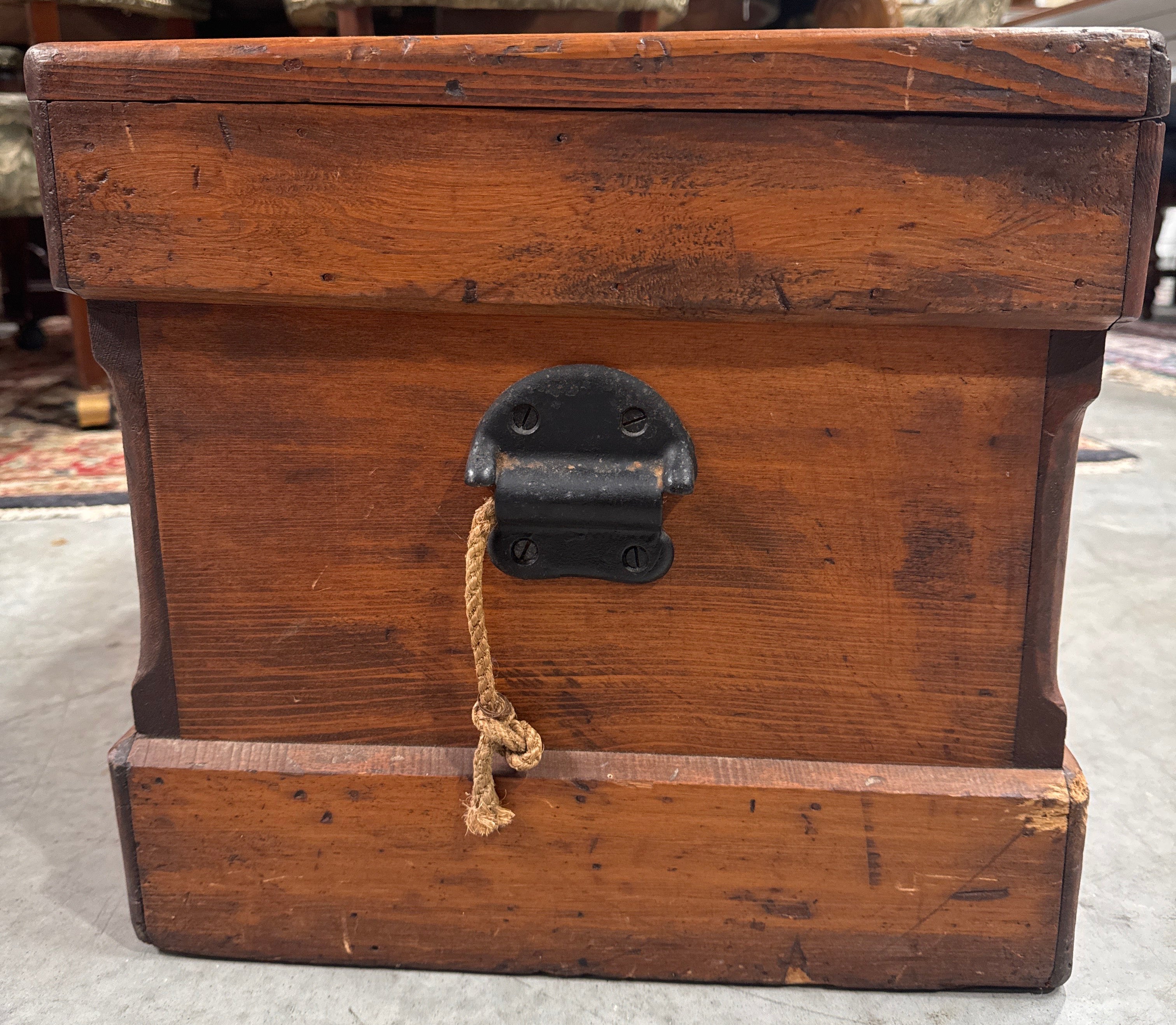 Antique Late 19th Century Primitive Lift Top Wood Carpentry Chest Trunk with Wrought Iron Latch