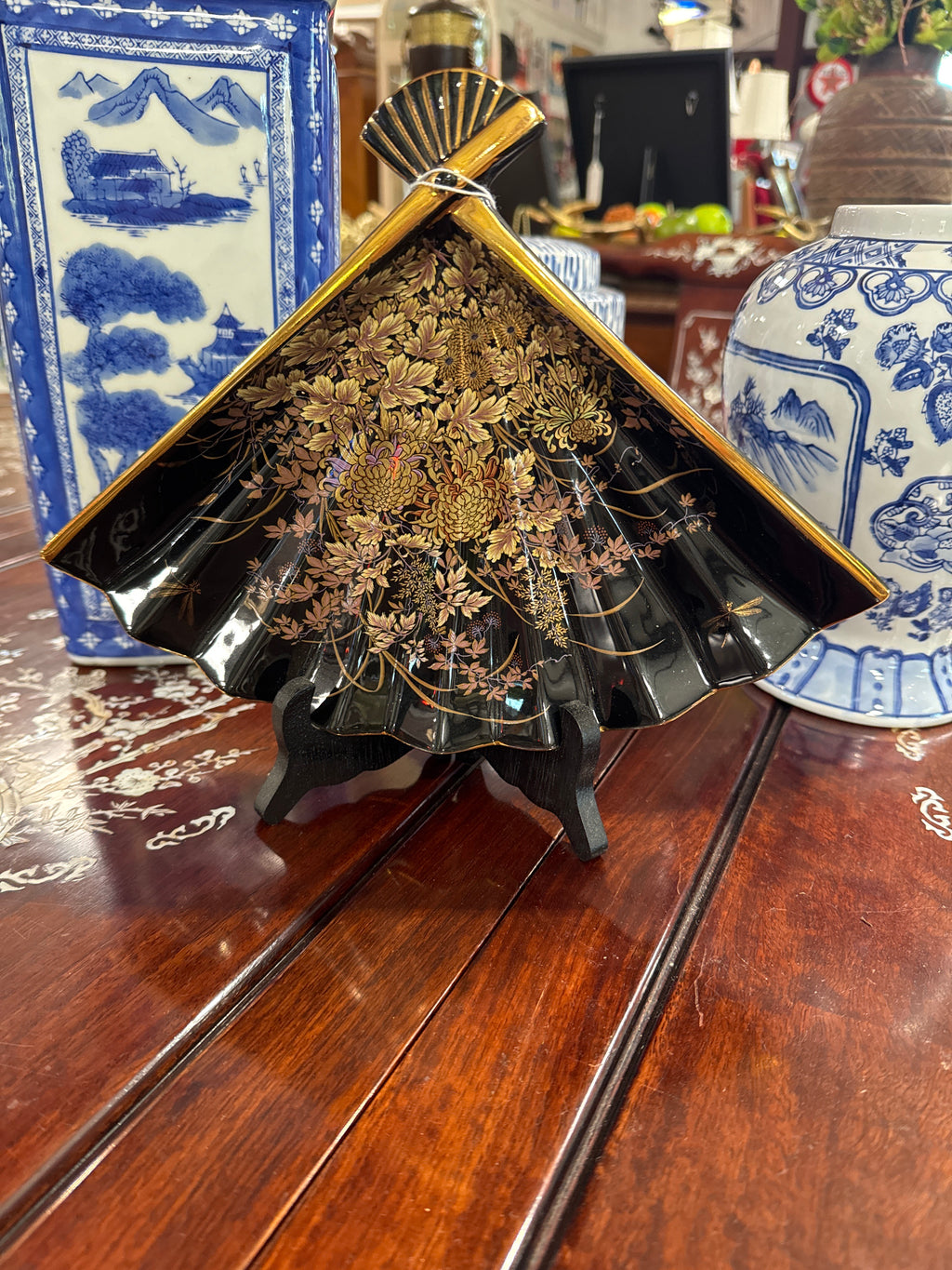 Vintage Japanese Black Porcelain Fan Plate or Trinket Dish-Toyo Japan