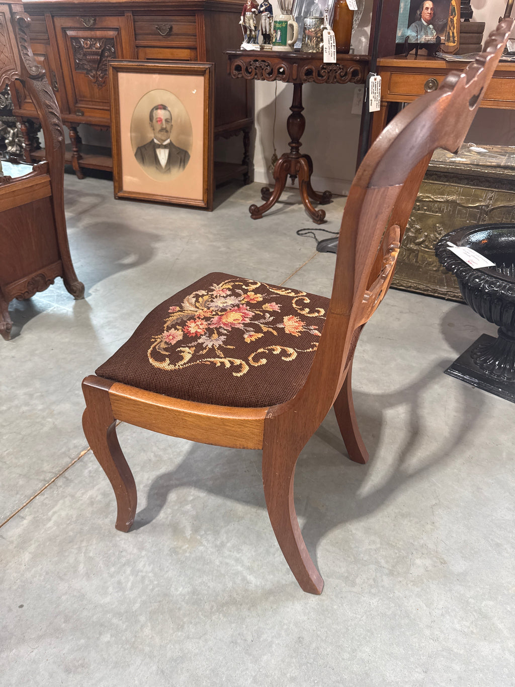 Antique Rose Bud Carved Needlepoint Chair