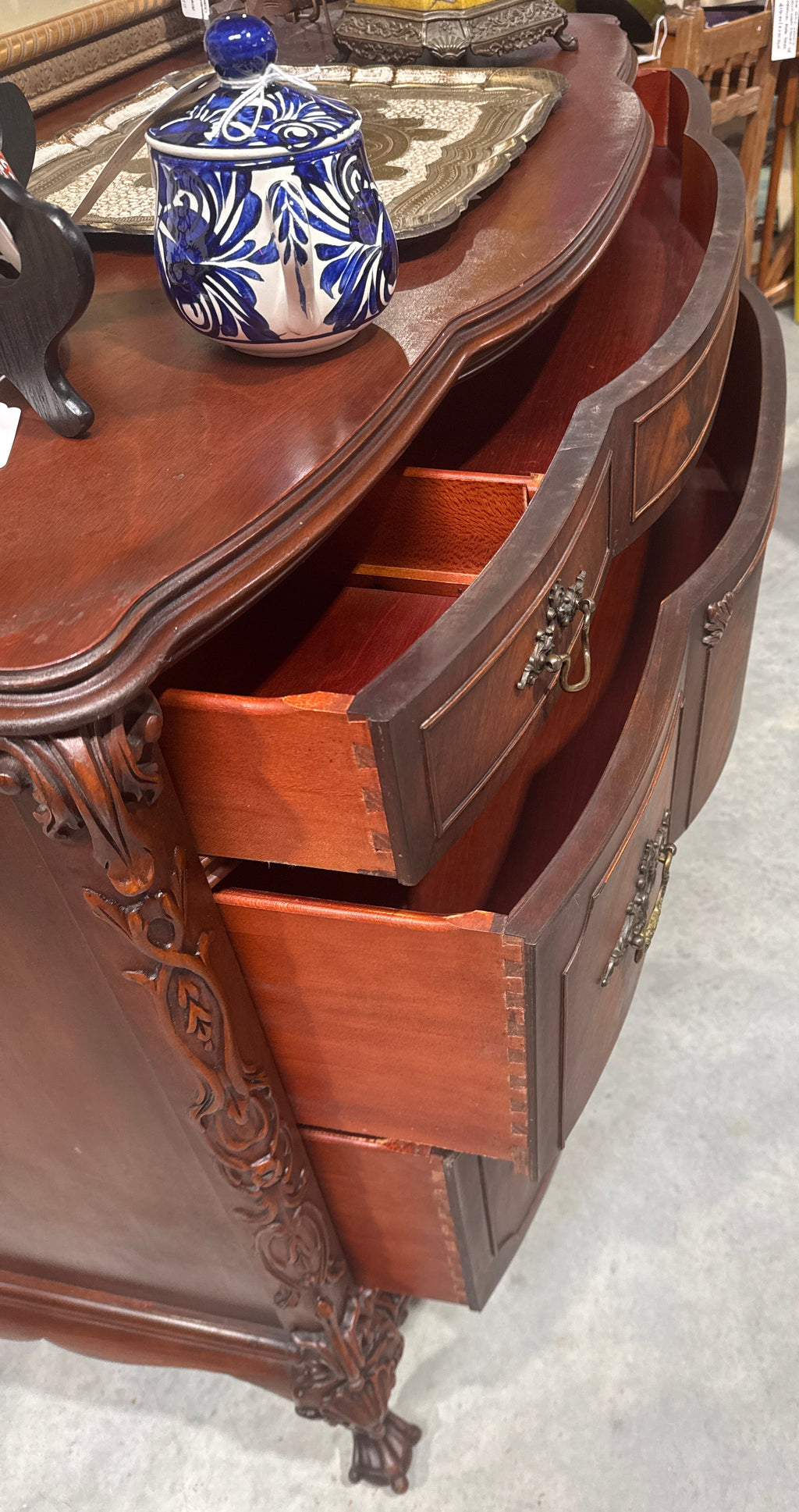 Vintage Carved Flame Mahogany 3 Drawer Chest Ball & Claw Feet