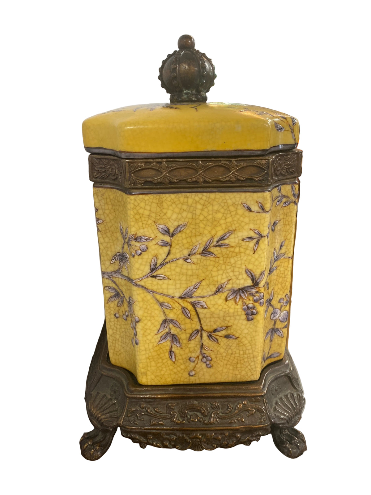 Yellow Blue Chinoiserie AsianJar with Lid Metal Base Finial