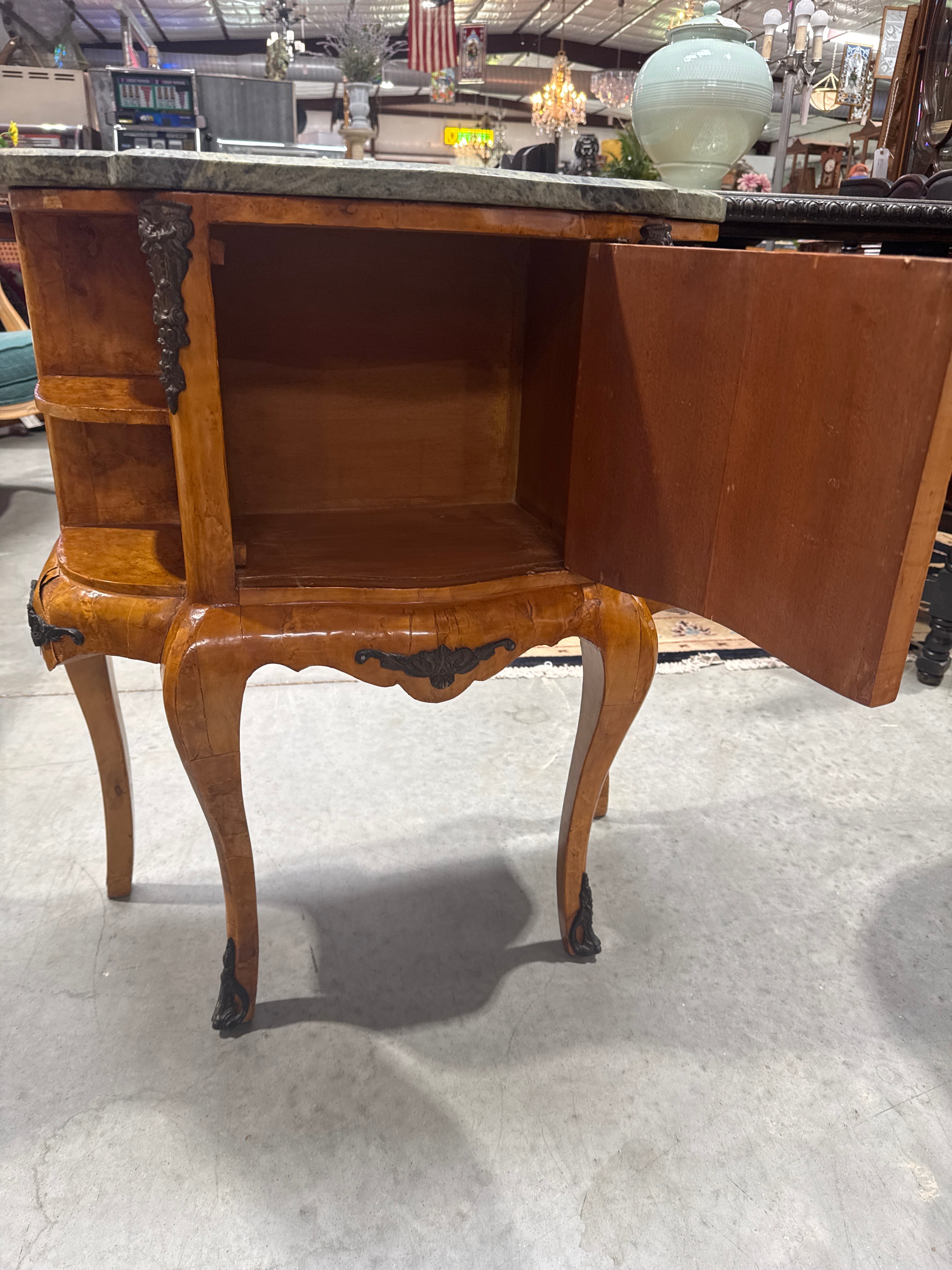 Antique French Louis XV Style Burl Commode with a Green Marble Top, Distinctive Burled Wood