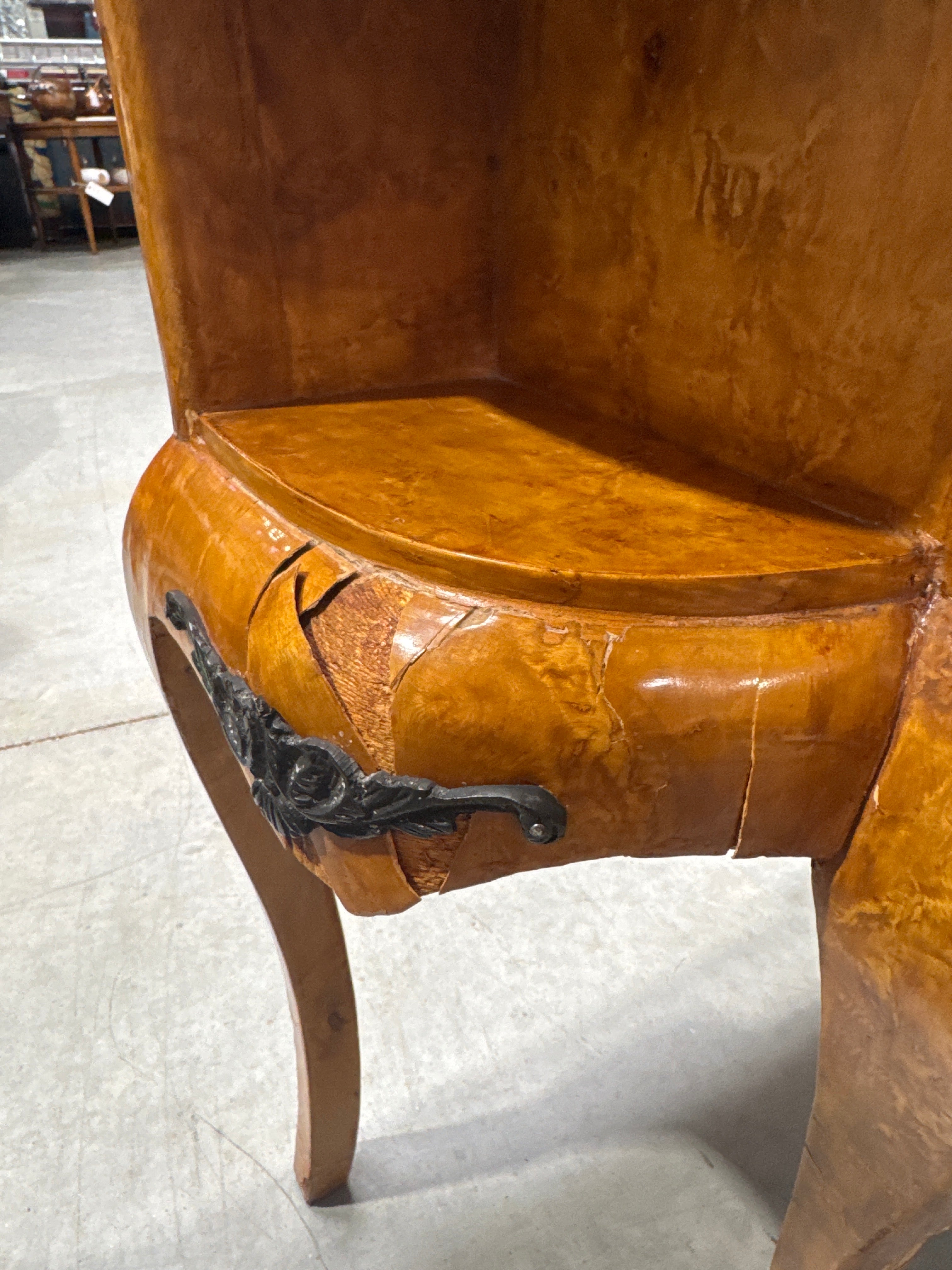 Antique French Louis XV Style Burl Commode with a Green Marble Top, Distinctive Burled Wood