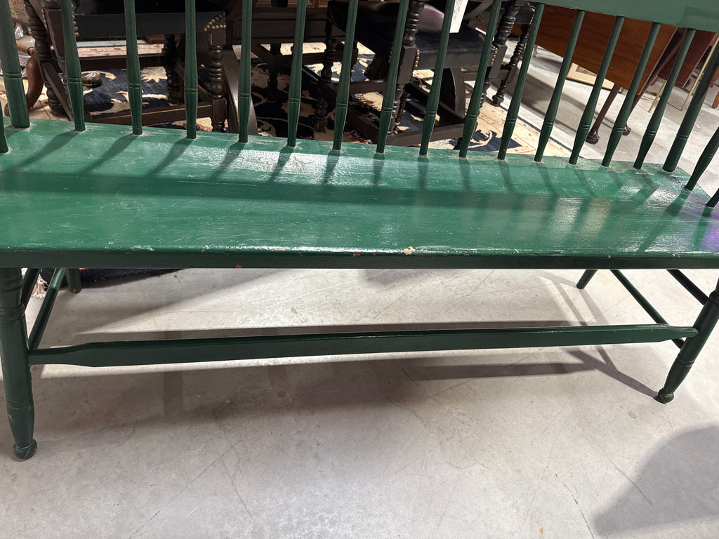 Vintage Wooden Spindle Back Green Painted Windsor Deacon’s Bench