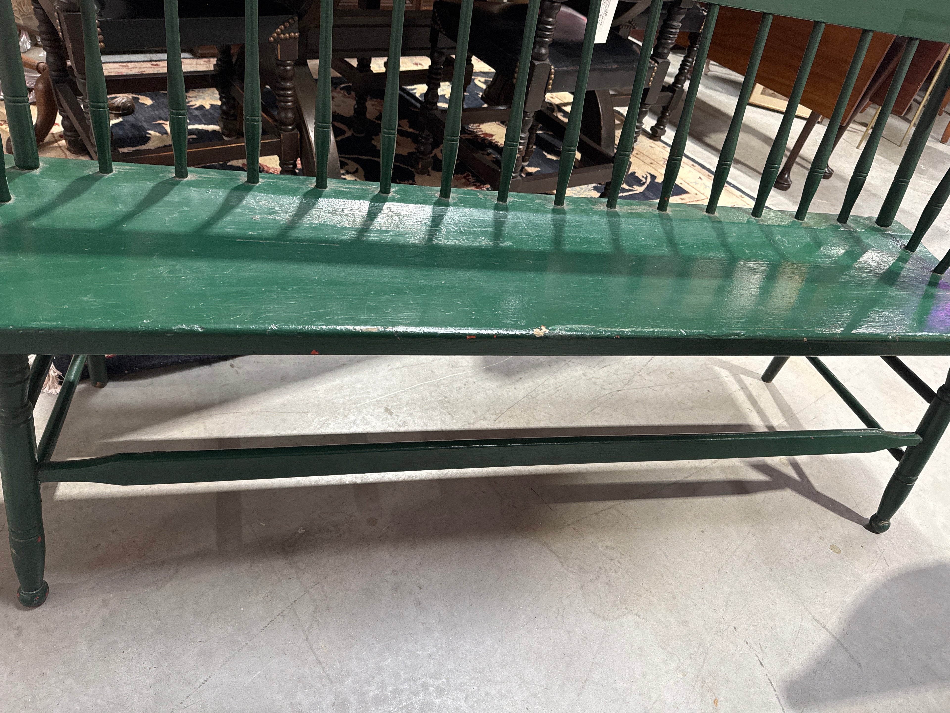 Vintage Wooden Spindle Back Green Painted Windsor Deacon’s Bench
