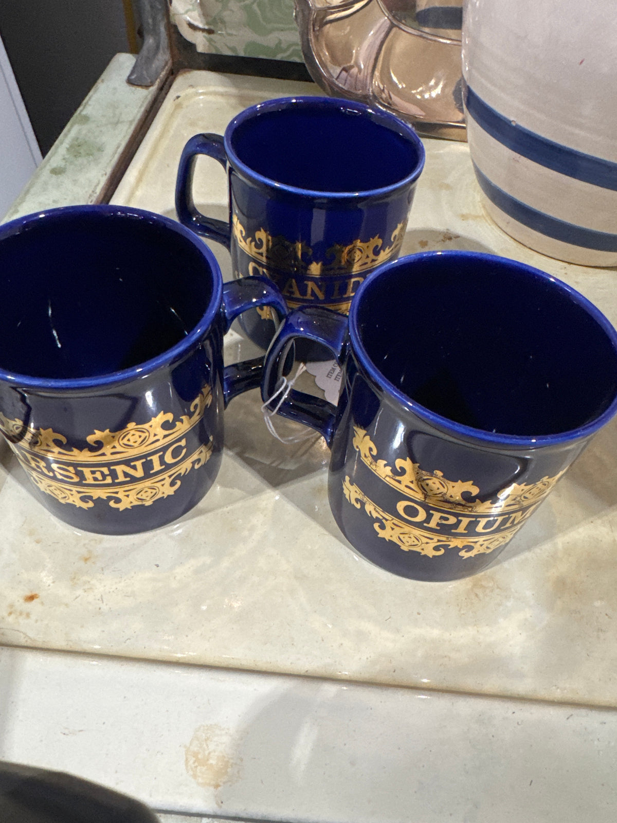 “What’s Your Poison? Vintage 1960s Cobalt Blue and Gold Transfer Ceramic Apothecary "Poison" Mugs