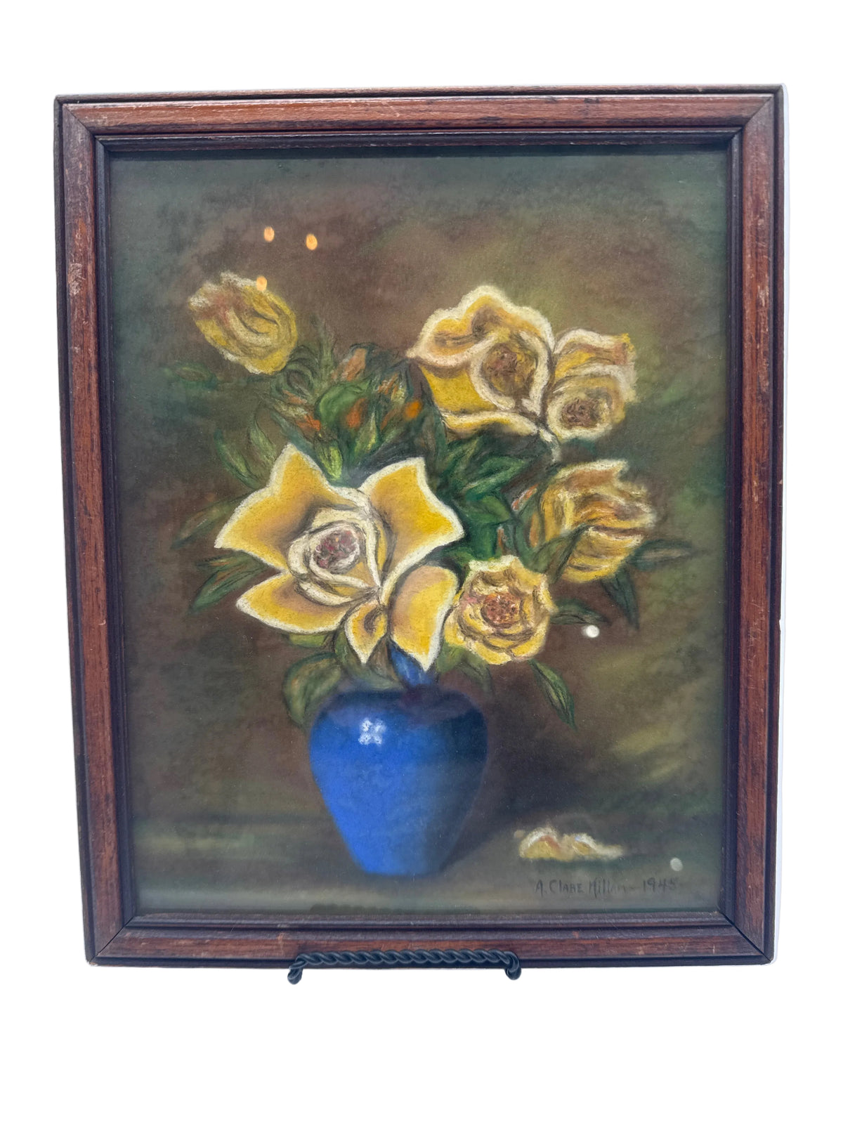 Vintage 1945 Signed & Dated Framed Still-Life Pastel Painting, Bouquet of Yellow Roses in a Blue Vase, Signed A. Clare Killam