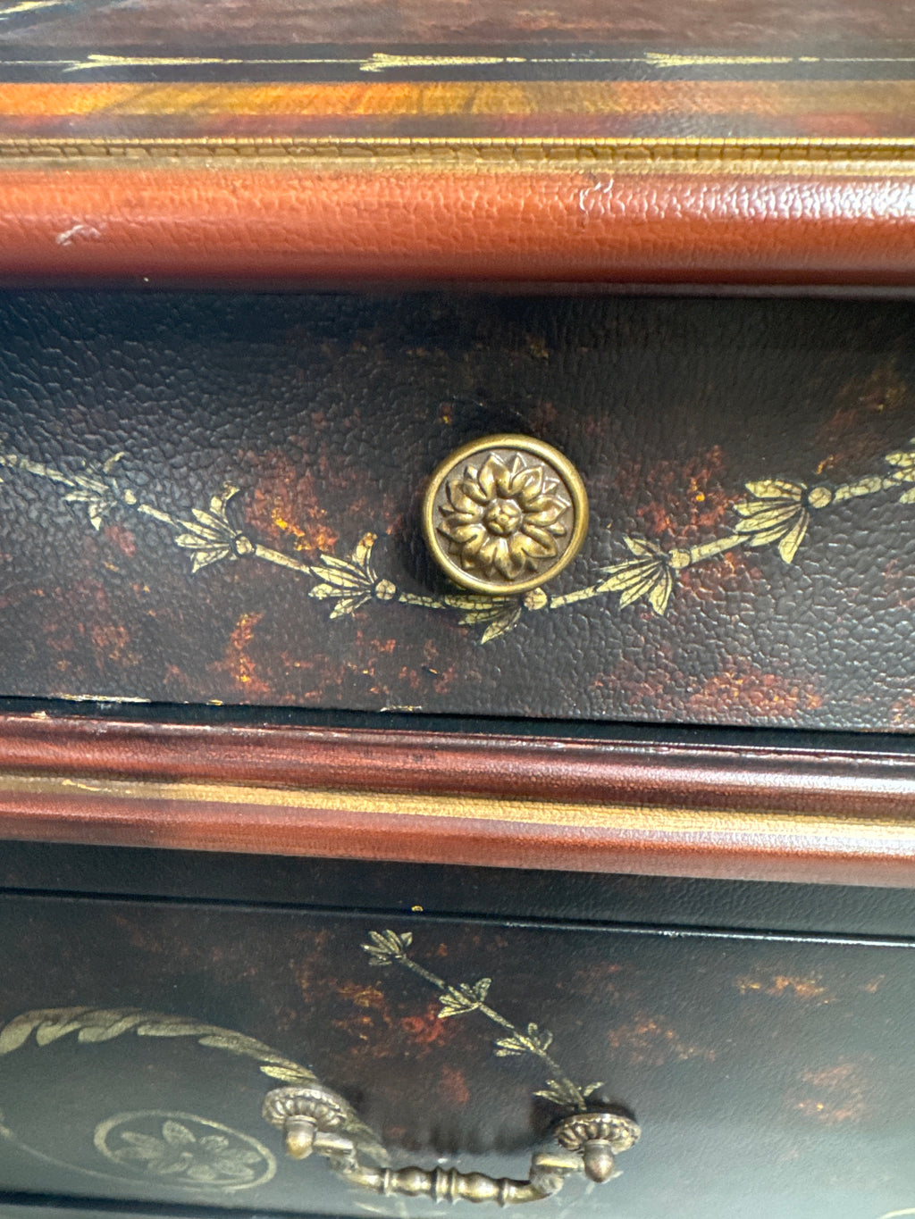Grecian Style 3 Drawer Bombe Commode with Black & Gold Design