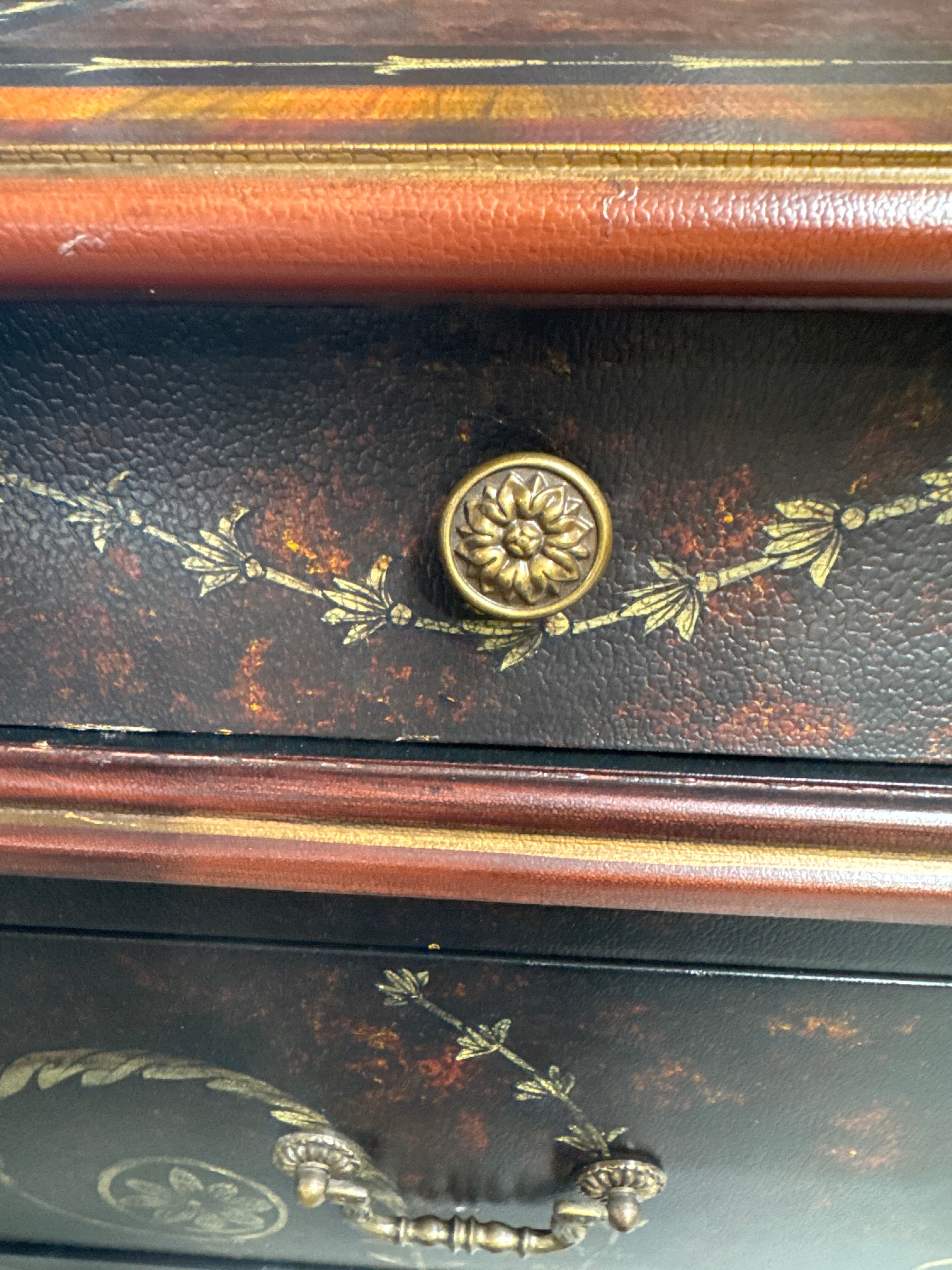 Grecian Style 3 Drawer Bombe Commode with Black & Gold Design