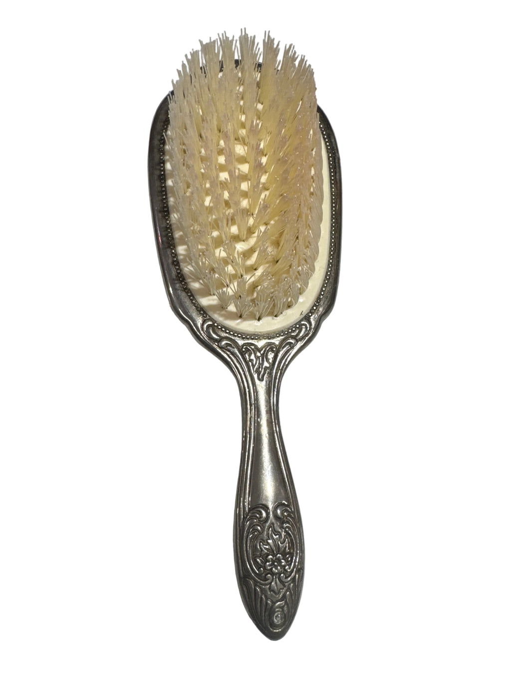 Vintage Silver-Plated Hairbrush featuring Embossed Floral Scrollwork