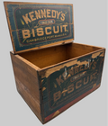 Vintage Wooden Box with 'Kennedy's Biscuit' branding on a gray background
