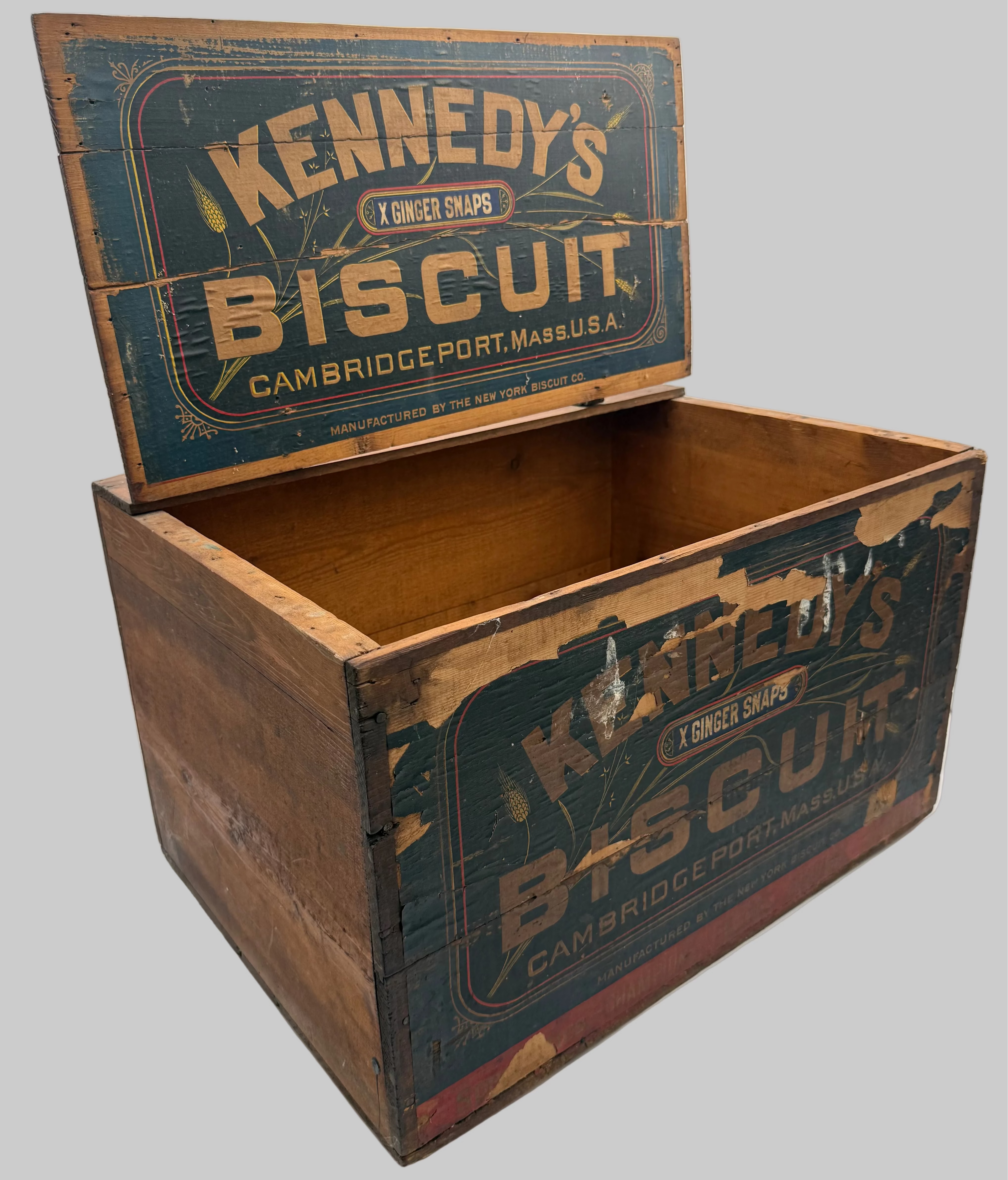 Vintage Wooden Box with 'Kennedy's Biscuit' branding on a gray background