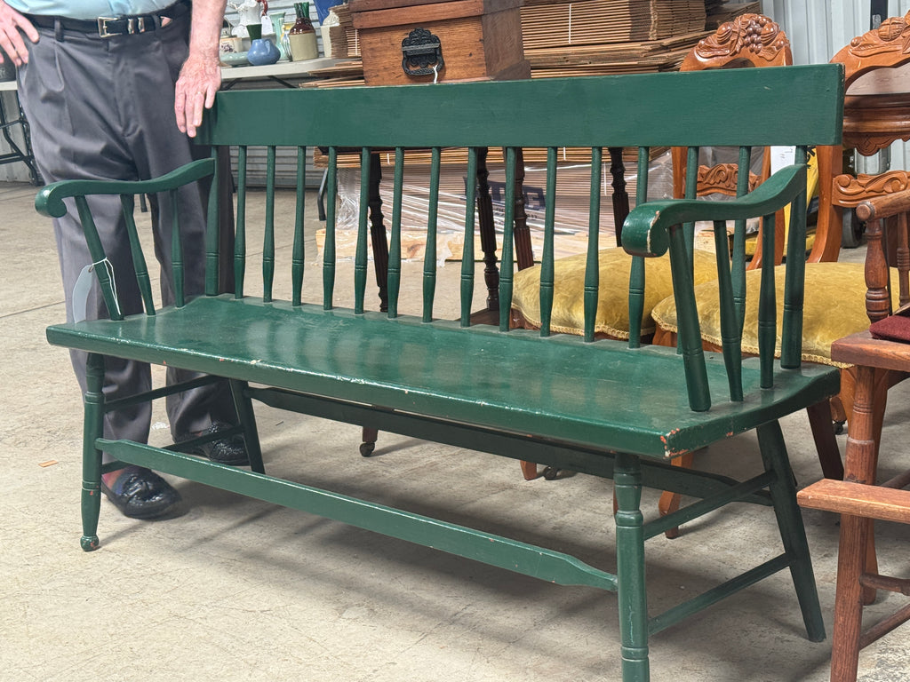 Vintage Wooden Spindle Back Green Painted Windsor Deacon’s Bench