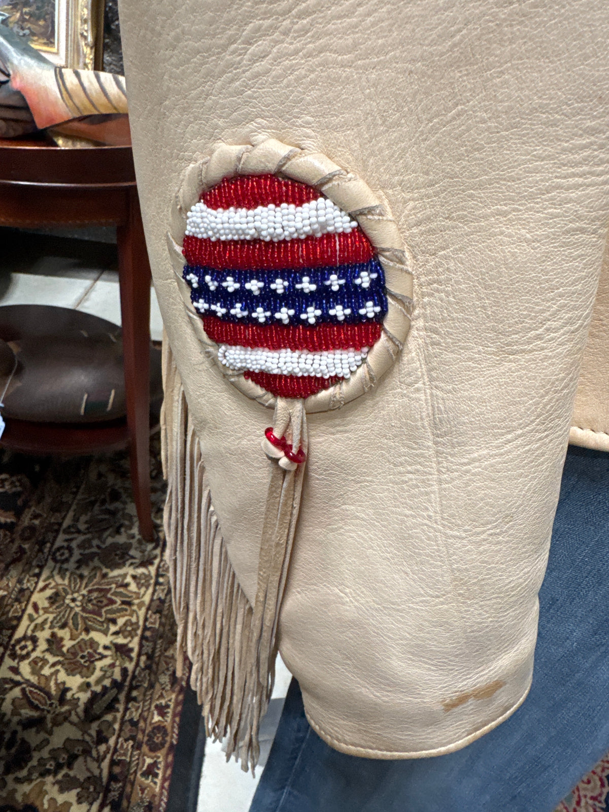 Vintage Beaded & Fringe Leather Jacket with Seed Bead Flags by Richie of Cody, WY
