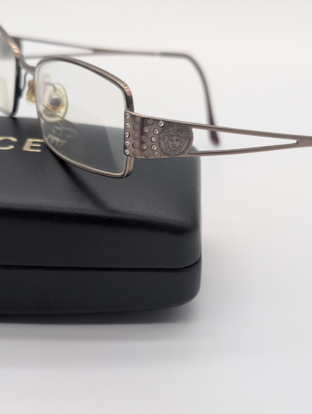 Versace, Model 1117-B 1013, Rectangular Glasses with Bronze Metal Frames and Crystal Accents