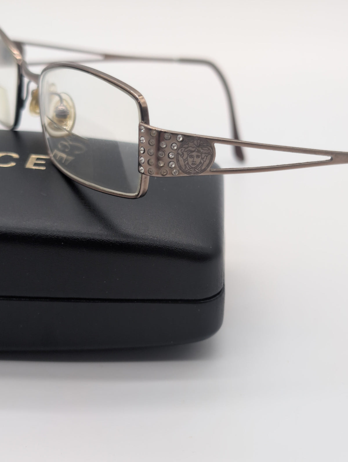 Versace, Model 1117-B 1013, Rectangular Glasses with Bronze Metal Frames and Crystal Accents
