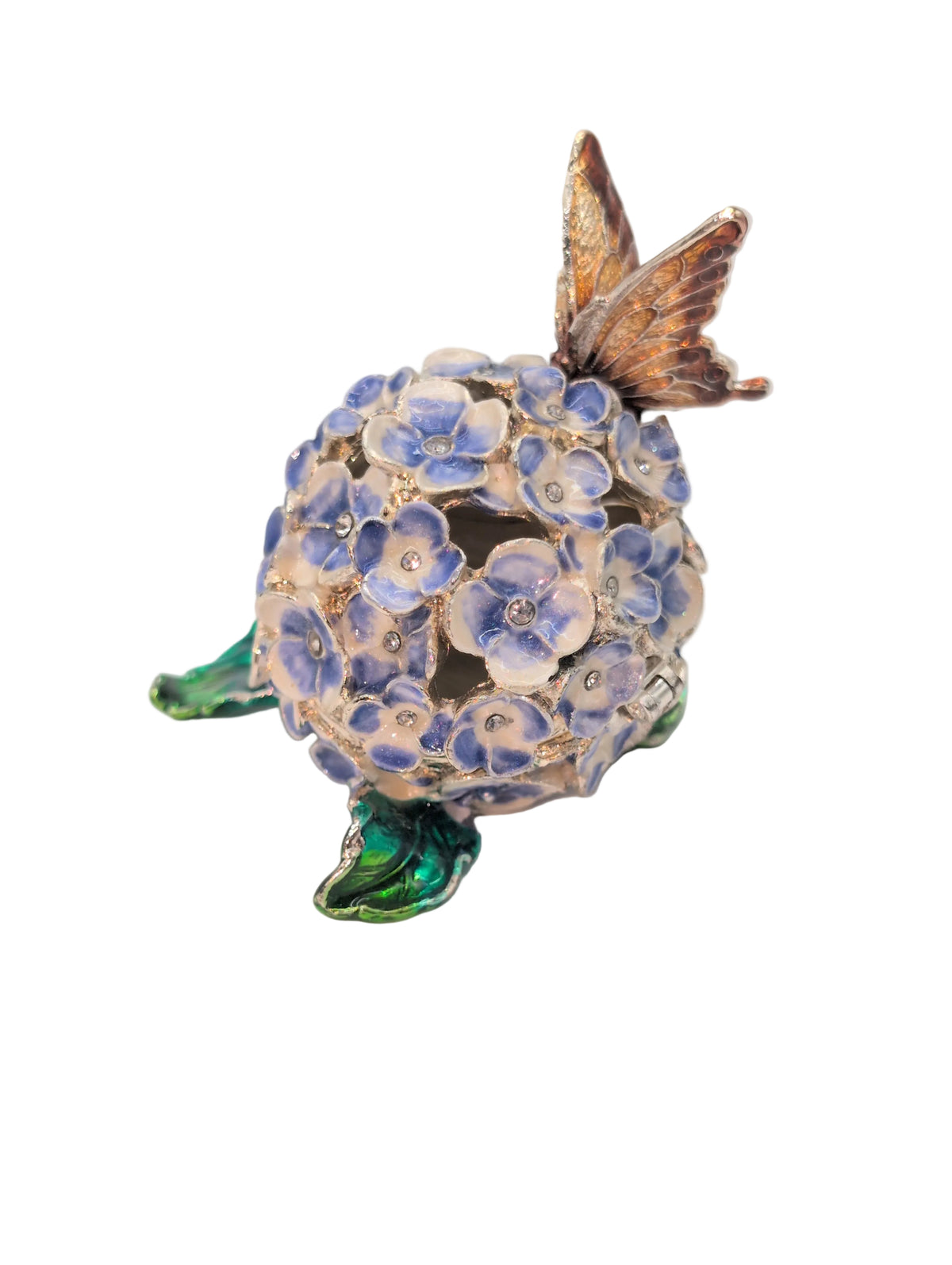 "Hydrangea with Butterfly" Bejeweled Enamel Trinket Box and Magnetic Closure