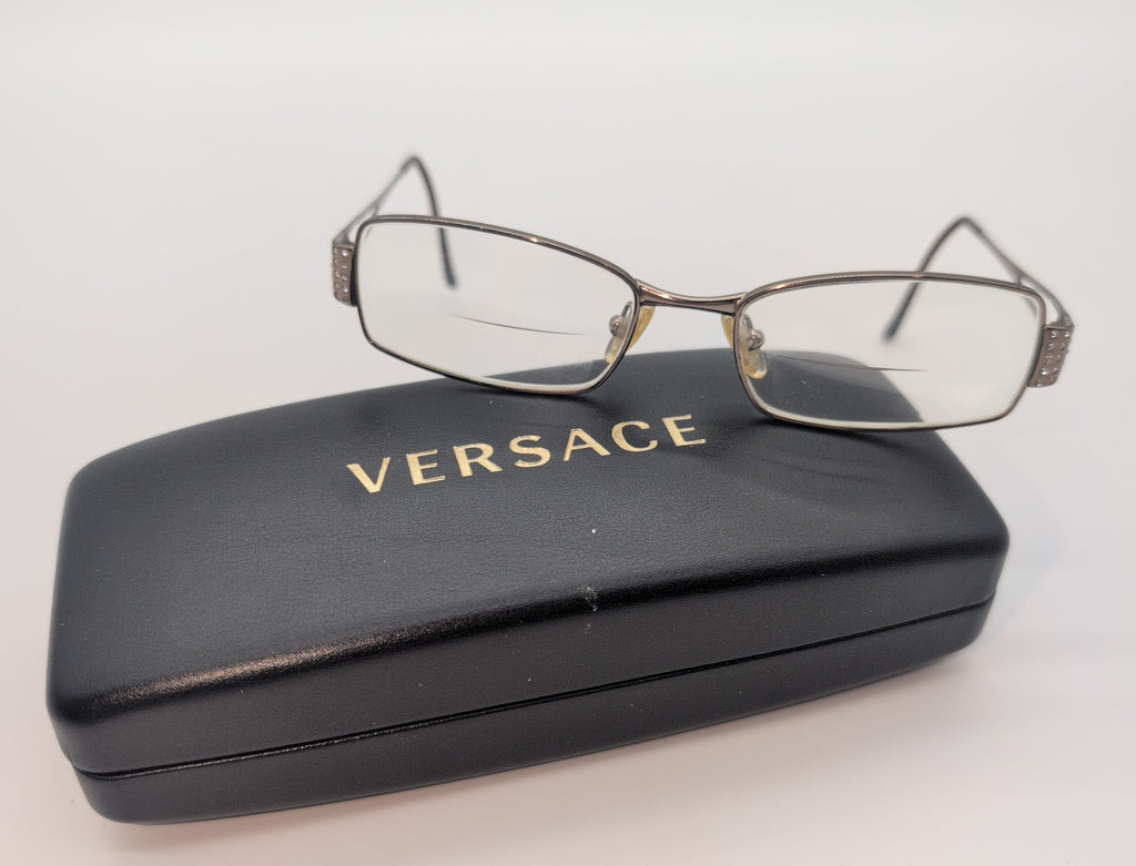 Versace, Model 1117-B 1013, Rectangular Glasses with Bronze Metal Frames and Crystal Accents