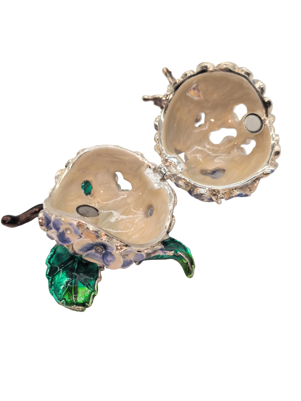 "Hydrangea with Butterfly" Bejeweled Enamel Trinket Box and Magnetic Closure