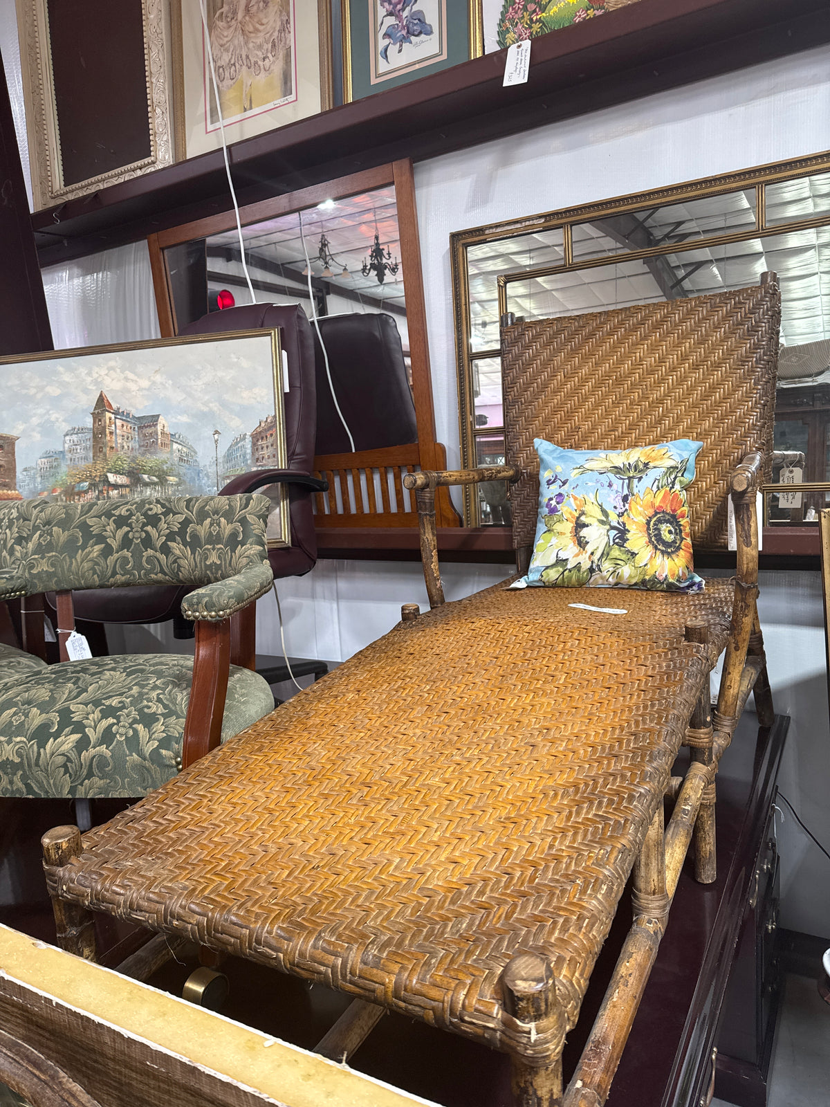 Vintage French Wicker & Bamboo Chaise Lounge