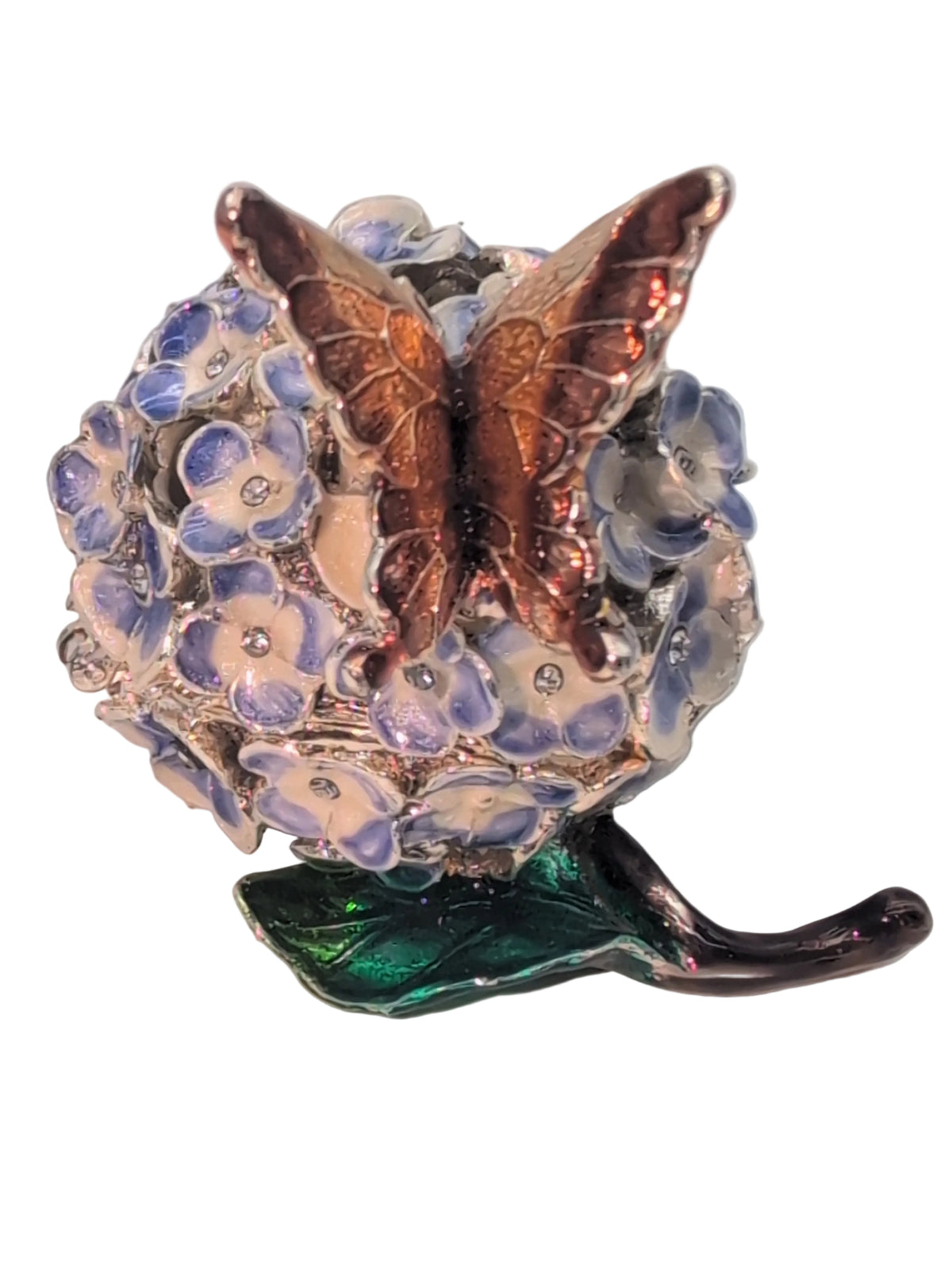 "Hydrangea with Butterfly" Bejeweled Enamel Trinket Box and Magnetic Closure