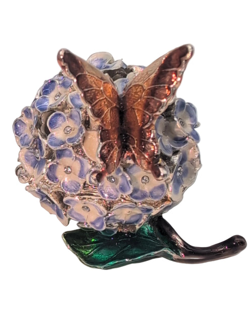 "Hydrangea with Butterfly" Bejeweled Enamel Trinket Box and Magnetic Closure