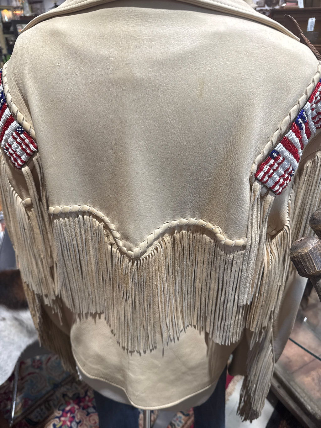 Vintage Beaded & Fringe Leather Jacket with Seed Bead Flags by Richie of Cody, WY