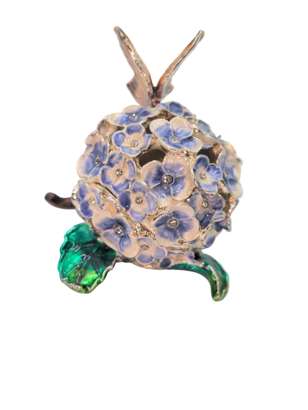 "Hydrangea with Butterfly" Bejeweled Enamel Trinket Box and Magnetic Closure