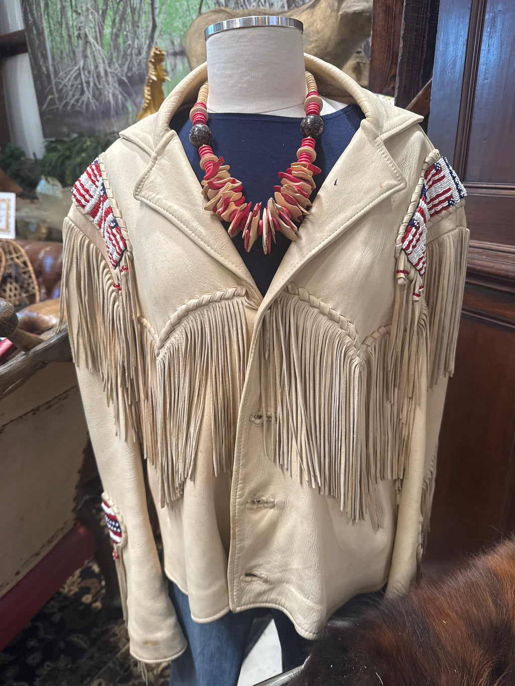 Vintage Beaded & Fringe Leather Jacket with Seed Bead Flags by Richie of Cody, WY