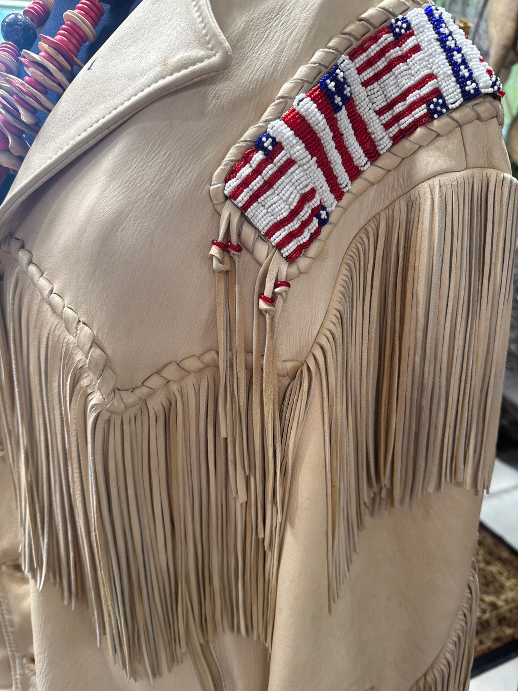 Vintage Beaded & Fringe Leather Jacket with Seed Bead Flags by Richie of Cody, WY